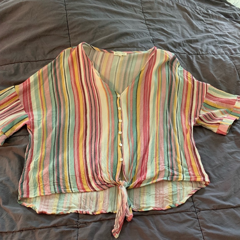 Hi/Low Striped Twist Tie & Button Blouse